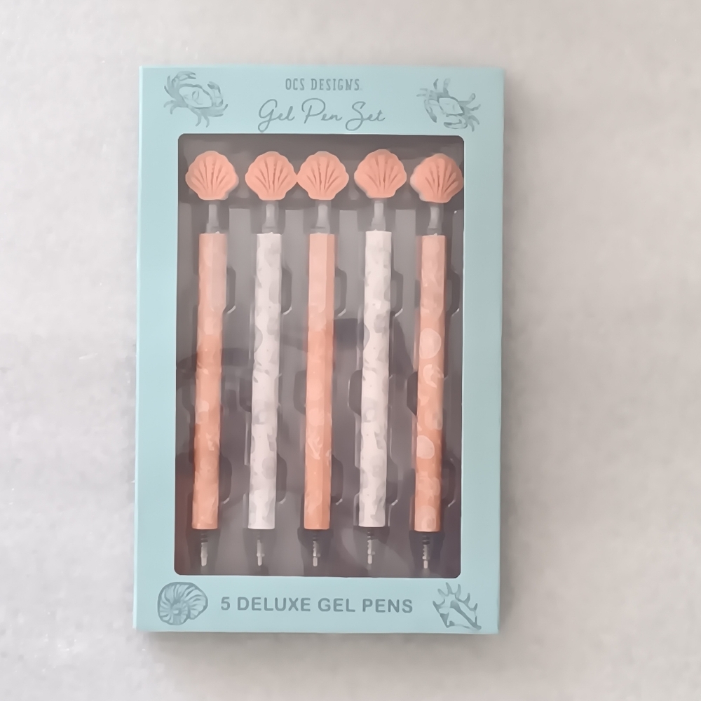 New OCS Designs Seashell Deluxe Gel Pens Boxed 5 Pack Black Ink Peach Blue White